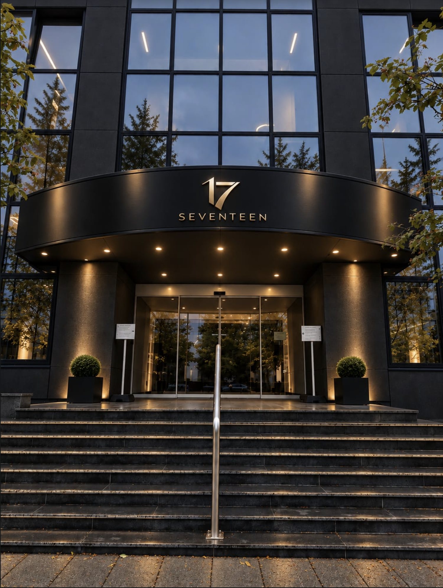Visualisation du projet The Seventeen, façade sombre et enseigne en laiton